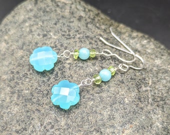 Aqua Chalcedony And Peridot Earrings - Handmade Teal Blue And Green Floral Earrings - "Windflowers" Collection