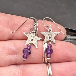 Hammered Star Earrings With Amethyst Dangles Handcrafted Oxidized Sterling Silver Star Earrings With February Birthstone image 8