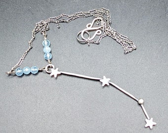 Oxidized Sterling Silver Aries Constellation Necklace With Aquamarine Gemstones - Handmade Zodiac Necklace With March Birthstone