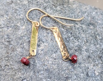 Raw Ruby Earrings - July Birthstone - Natural Raw Ruby Jewelry - Gold Earrings With Rubies - Gold Bar Earrings - Gold Dangle Earrings