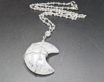 Sterling Silver Wire Wrapped Quartz Moon Necklace with Clear Crystal Quartz Beaded Chain - Cold Moon Collection