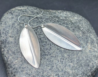 Sterling Silver Fold Formed Leaf Earrings - Handmade Leaves Earrings - Minimalist 925 Silver Leaf Dangle Earrings