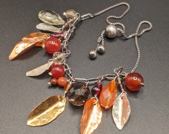 One Of A Kind Mixed Metal Autumn Leaf Bracelet & Autumn Gemstones - Adjustable Silver Bracelet With Fall Leaves - "Autumn Charm" Collection