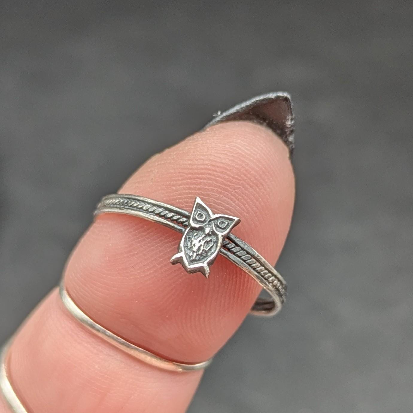Handmade Sterling Silver Owl Stacking Ring - Handmade Tiny Owl Ring - 925 Silver Stackable Wise Owl 