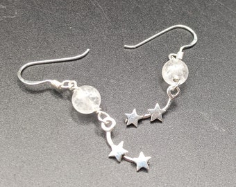 Dainty Handcrafted Sterling Silver Stars Earrings with Quartz Crystal-  "Cold Moon" Collection