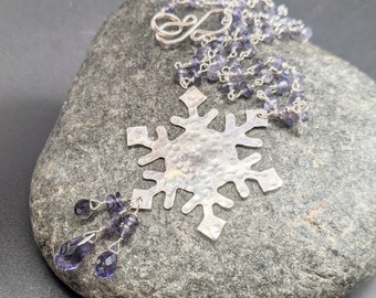 Winter Necklace - Handcrafted Sterling Silver Snowflake Charm on Iolite Beaded Chain - "Winter Blues" Collection