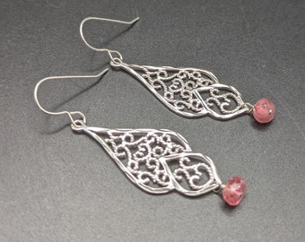 Sterling Silver Filigree Earrings With Pink Tourmaline Dangles - One Of A Kind Artisan Sterling Silver Earrings With Pink Gemstones