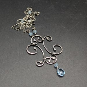 Victorian Style Oxidized Sterling Silver & Swiss Blue Topaz Filigree Necklace - Handmade Topaz and 925 Silver December Birthstone Necklace