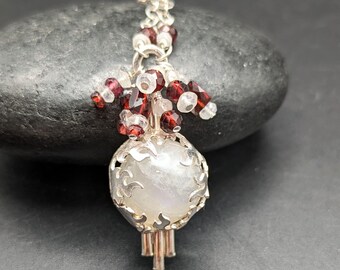 Handmade Sterling Silver Pendant Necklace With Moonstone And Garnet - One Of A Kind Necklace  - "Fire & Ice" Collection - January Birthstone
