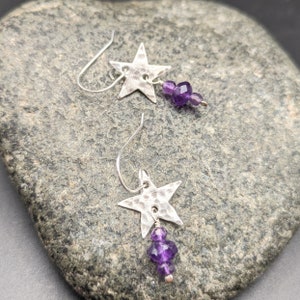 Hammered Star Earrings With Amethyst Dangles Handcrafted Oxidized Sterling Silver Star Earrings With February Birthstone image 3
