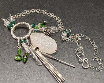 Handcrafted Sterling Silver Charm Necklace with Pinecone, Pine Needles, and Green Gemstones "Snowy Pines" Collection