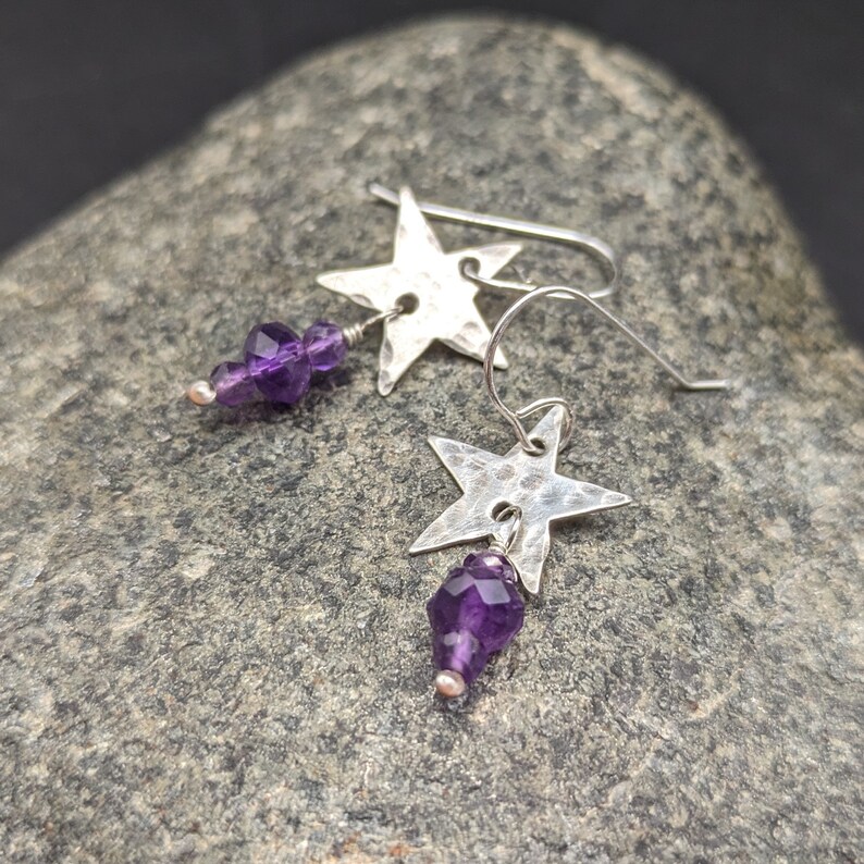 Hammered Star Earrings With Amethyst Dangles Handcrafted Oxidized Sterling Silver Star Earrings With February Birthstone image 4