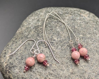 Sterling Silver Dangle Earrings With Rhodonite and Pink Topaz - Dainty Pink Drop Earrings