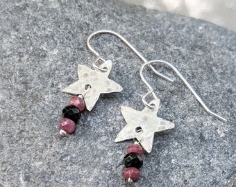Star Earrings - Sterling Silver Stars - Ruby Earrings - July Birthstone Earrings - Star Dangle Earrings - Black Onyx Earrings