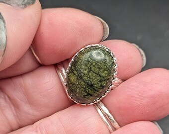 Green Russian Serpentine and Sterling Silver Statement Ring , Size 8 - Handmade Gemstone Jewelry