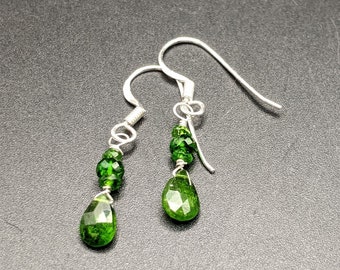 Handcrafted Dainty Dangle Earrings – Sterling Silver with Vibrant Green Chrome Diopside Gemstones - "Snowy Pines" Collection