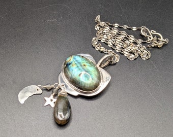 Sterling Silver Labradorite Necklace with Moon and Star - Handcrafted Sterling Silver Labradorite Necklace with Celestial Charms