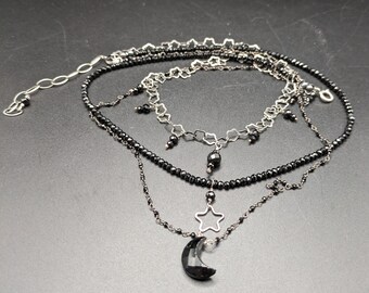 Handmade Black Onyx and Oxidized Sterling Silver Multi-Strand Moon and Stars Necklace - Dark Side Of The Moon Collection - One Of A Kind