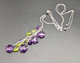 Adjustable Sterling Silver Necklace With Peridot And Amethyst - Handmade Purple And Green Floral Bouquet Necklace - "Windflowers" Collection