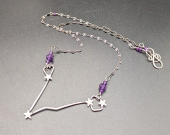 Oxidized Sterling Silver Pisces Constellation Necklace With Amethyst Gemstones - Handmade Zodiac Necklace With February Birthstone