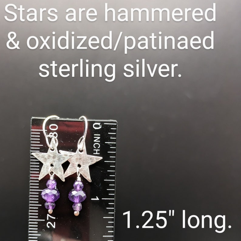 Hammered Star Earrings With Amethyst Dangles Handcrafted Oxidized Sterling Silver Star Earrings With February Birthstone image 9