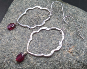 Handcrafted Hammered Sterling Silver Arabesque Earrings with Garnets - Garnet Dangle Earrings - January Birthstone Jewelry