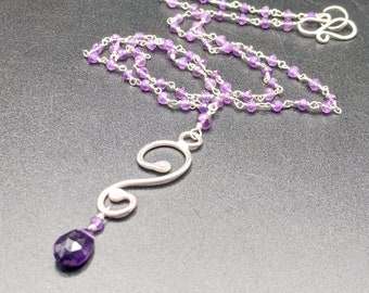 Elegant Beaded Amethyst Necklace With A Sterling Silver Pendant - Handmade February Birthstone Gift for Her