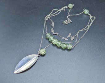 Multi-Strand Sterling Silver Spring Leaves Necklace With Green Quartz - Handcrafted Three Strand Layered Leaf Necklace With  Green Quartz