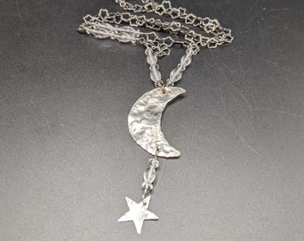 Moonlit Magic: Handcrafted Sterling Silver Crescent Moon Necklace with Clear Quartz Crystal Accents - Cold Moon Collection