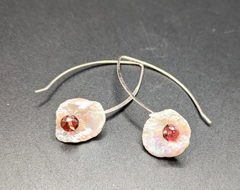 Petal Pearl and Pink Tourmaline Earrings - White Keshi Pearl Flower Dangle Earrings On Sterling Silver Ear Wires