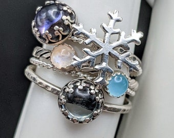 Sterling Silver Snowflake, Iolite, Swiss Blue Topaz Stacking Ring Set - Five Rings , Size 7 - "Winter Blues" Collection