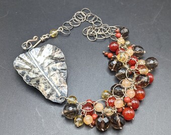 One Of A Kind Sterling Silver Leaf Necklace With Autumn Colored Gemstones - Hammered and Oxidized 925 Silver Leaf Necklace - Fall Necklace
