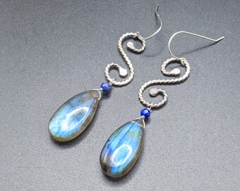 Elegant Sterling Silver Swirl Earrings with Labradorite Briolettes - Labradorite And Sterling Silver Dangle Earrings