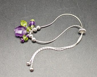 Adjustable Sterling Silver Bracelet With Peridot And Amethyst - Handmade Purple And Green Floral Bouquet Bracelet - "Windflowers" Collection