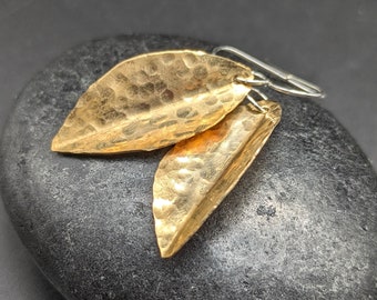Hammered Brass Autumn Leaf Earrings - Fold Formed  Fall Leaves Dangle Earrings -  Large Hammered  Leaf Earrings - "Autumn Charm" Collection