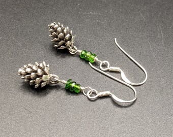 Sterling Silver Pinecone Dangle Earrings With Green Gemstones - Chrome Diopside / Russian Emerald -  "Snowy Pines" Collection