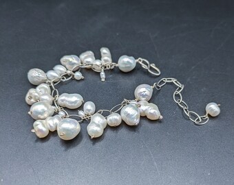 Sterling Silver and Pearl Bracelet - Adjustable 925 Silver Bracelet With Wire Wrapped Pearls -  Wedding Bride Bracelet - June Birthstone