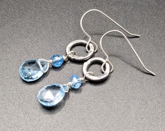 Handmade Hammered Circle Dangle Earrings with Sparkling Swiss Blue Topaz - December Birthstone Jewelry