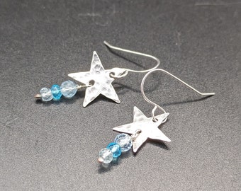 Hammered Star Earrings With Aquamarine Dangles - Handcrafted Oxidized Sterling Silver Star Earrings With March Birthstone