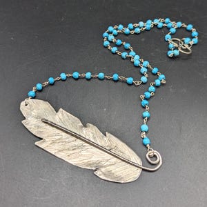 One Of a Kind 925 Silver Feather On Hand Linked Turquoise Chain - Handmade Sterling Silver & Turquoise Feather Necklace - Boho Chic Necklace