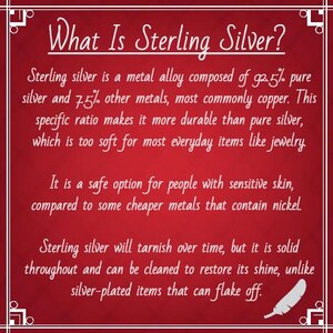 May include: A red informational graphic with white text titled What Is Sterling Silver? It explains that sterling silver is a metal alloy of 92.5% pure silver and 7.5% other metals, noting its durability, skin safety, and tendency to tarnish.