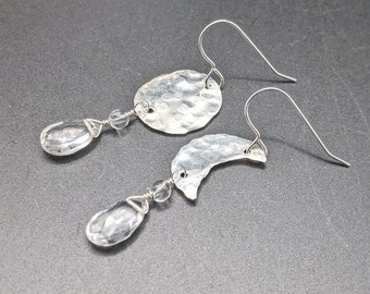 Celestial Beauty: Handcrafted Hammered Sterling Silver Moon Phase Earrings with Clear Crystal Quartz - Cold Moon Collection