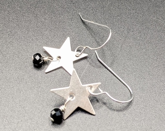 Handcrafted Sterling Silver Star Earrings with Black Onyx Dangles