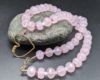 Handmade Pink Gemstone Necklace With Gold Heart Pendant - Rose Quartz, Tourmaline, and Chalcedony