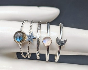 Handcrafted Set of 5 Sterling Silver Stacking Rings with Moon, Star, Labradorite, and Rainbow Moonstone - Dainty Stacking Rings Set