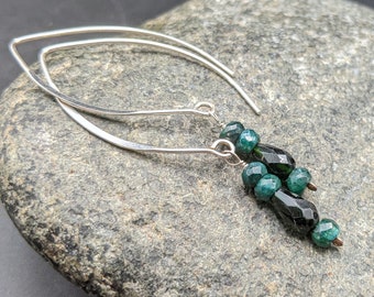 Handcrafted Sterling Silver Dangle Earrings with Deep Green Raw Emeralds - "Snowy Pines" Collection