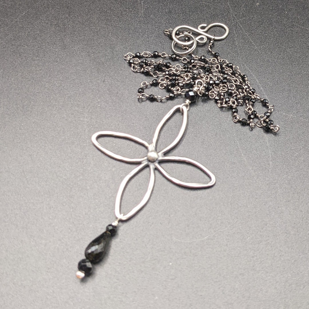 Handcrafted Sterling Silver Quatrefoil Necklace With Beaded Black Onyx