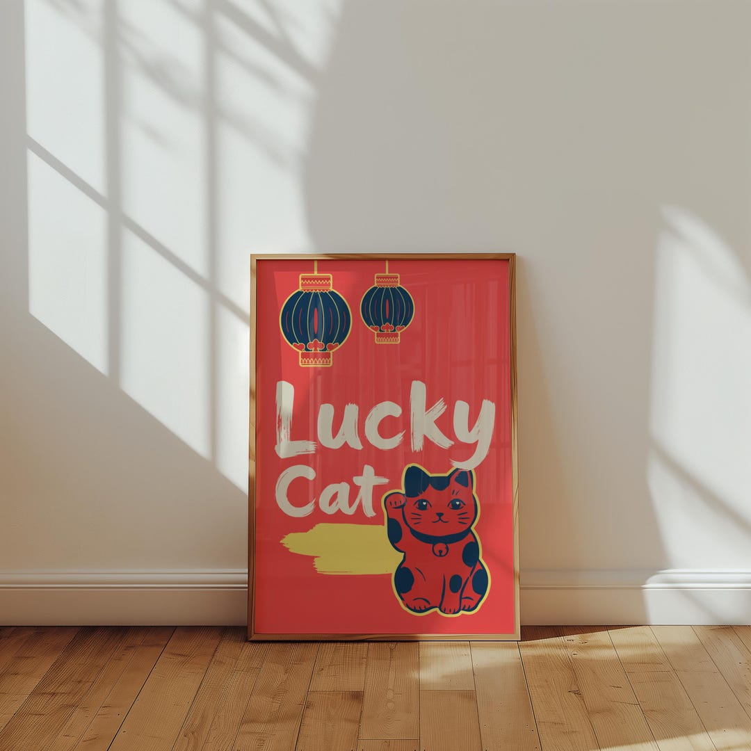 Lucky Cat Wall Art Red, Maneki Neko Poster, Japanese Decor Print, Bold ...