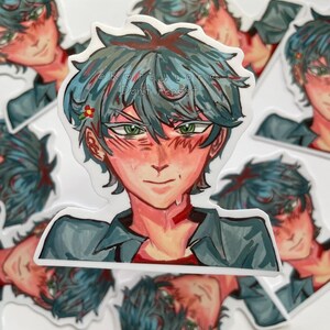 May include: A collection of anime-style stickers featuring a male character with teal hair, green eyes, and a blush. The character is wearing a gray jacket over a red shirt. The stickers have a white border and the text "@korijuoa Don't repost".