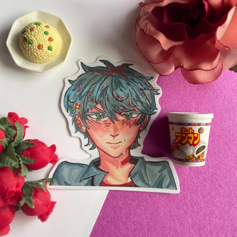 May include: An anime-style sticker of a male character with blue hair and green eyes, with the text "Dont repost". A miniature cup of instant noodles and a small plate of yellow food are also present. The image is surrounded by red roses and a pink flower.